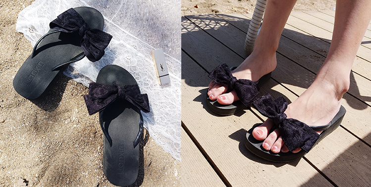 『 夏日氣質女神款蝴蝶結絲帶涼鞋 』，此為黑色蕾絲黑底蝴蝶結款
