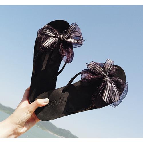 『 夏日氣質女神款蝴蝶結絲帶涼鞋 』，此為雙層黑紗黑底蝴蝶結款