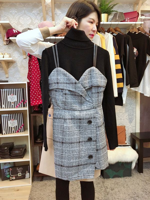 L096氣質優雅高領毛衣格紋背心裙2件套
