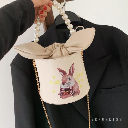 甜美可愛兔子印花珍珠鍊條蝴蝶結水桶包-VKS627-包包