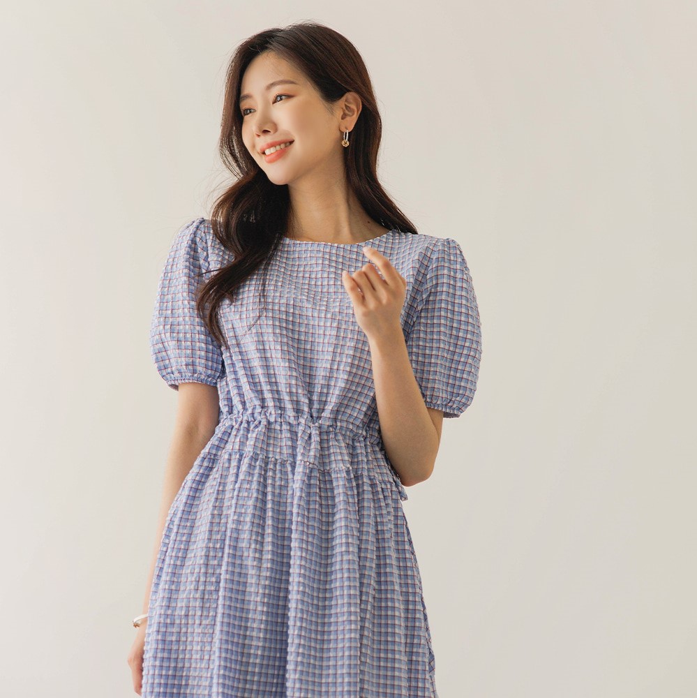 HOT-蔚藍夏日綁帶格紋洋裝-KW-0529-148-連身裙
