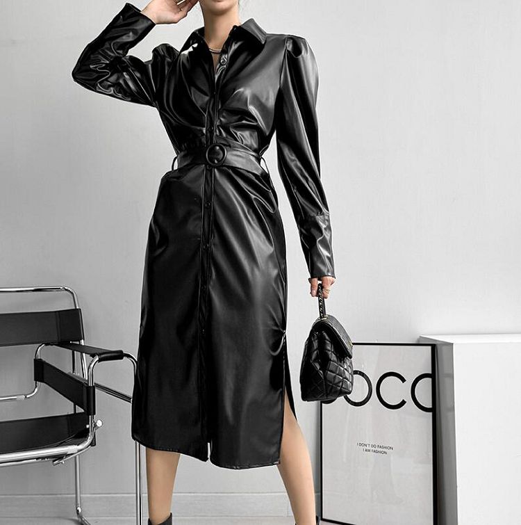 HOT-高級感收腰泡泡袖皮革洋裝-KW-0125-080-連身裙